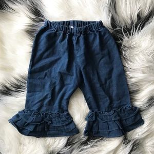 Barefoot Toddler Girl Blue Chambray Ruffle Pants
